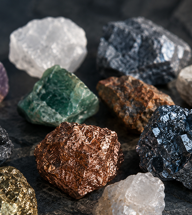 Assorted raw minerals and ore samples